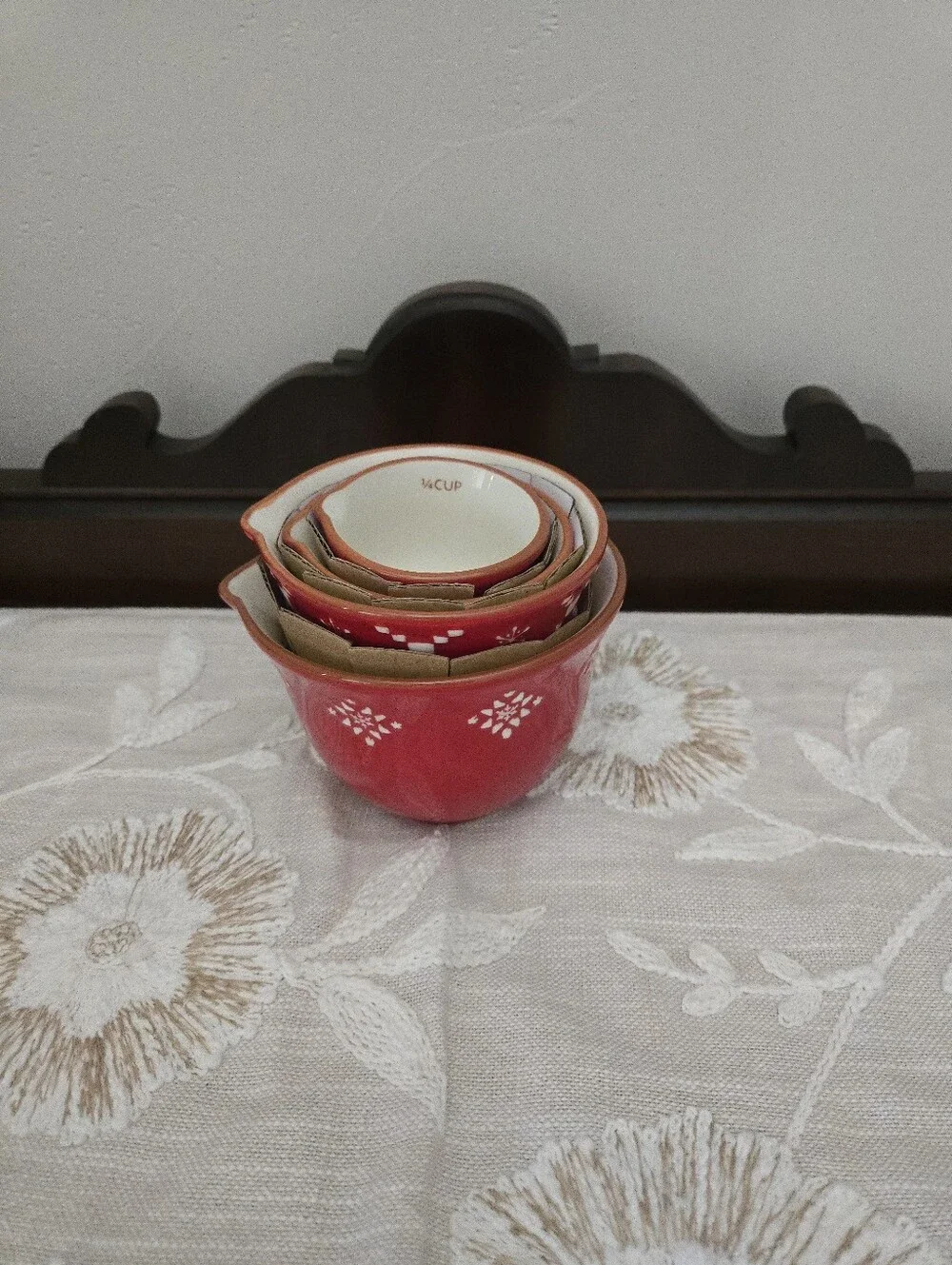 NWOT Red Ceramic Measuring Cup Stacking Set With White Design